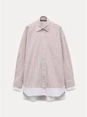 Zara Pink and White Striped Layered-Hem Button Shirt